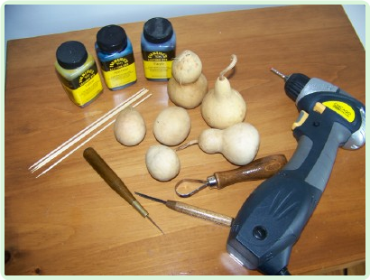 gourds with crafting tools and supplies